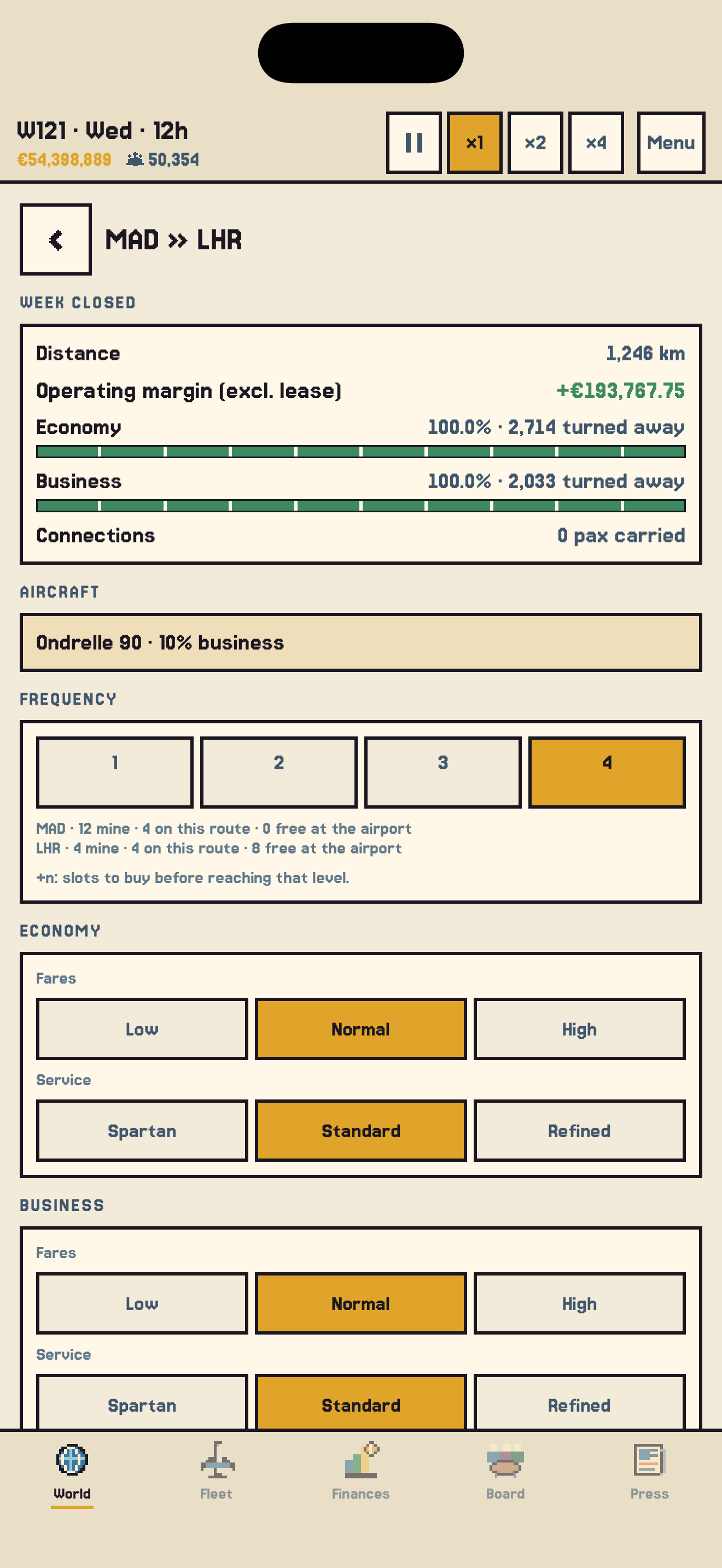 A route page: frequency, fares and service per cabin.