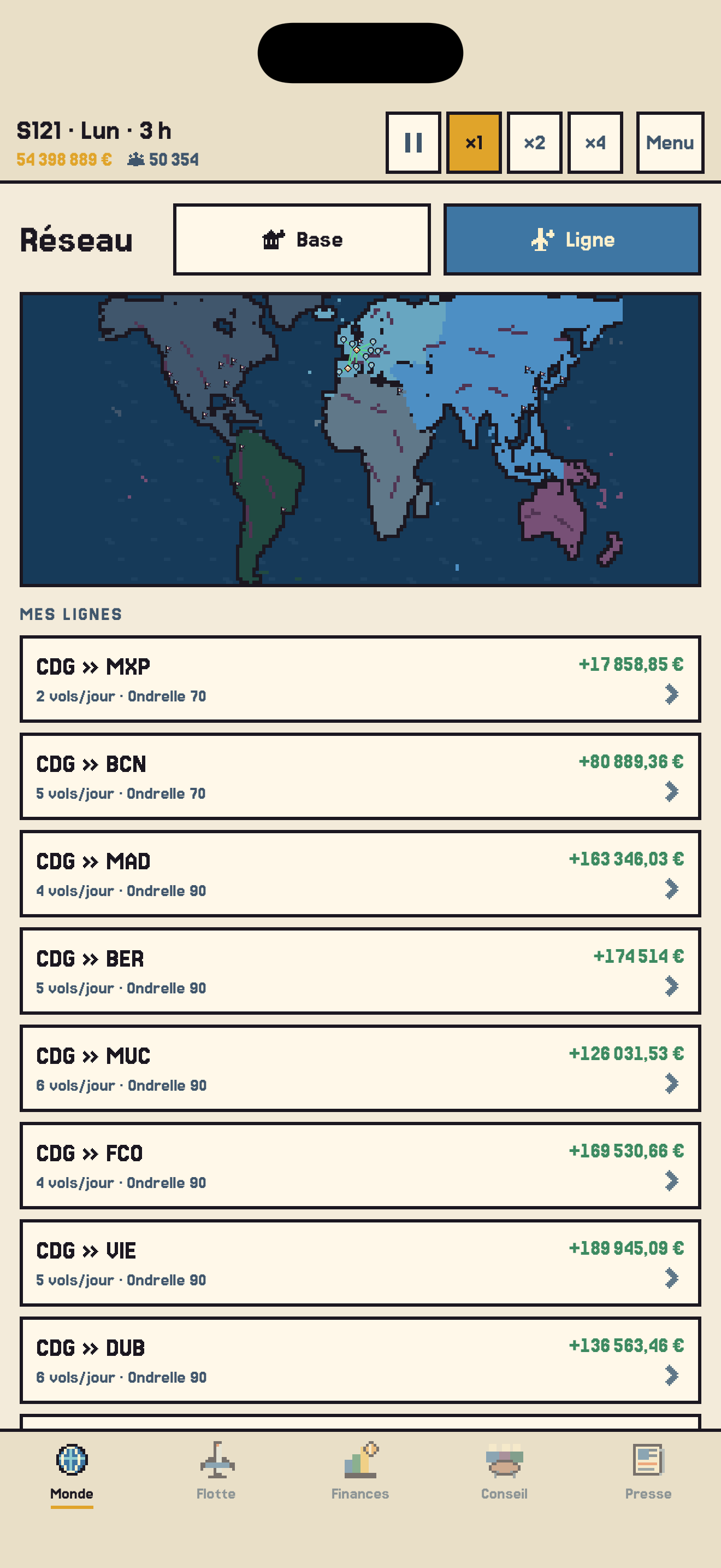 L'écran Réseau : la carte du monde en pixel art, les lignes de la compagnie et leur marge de la semaine.
